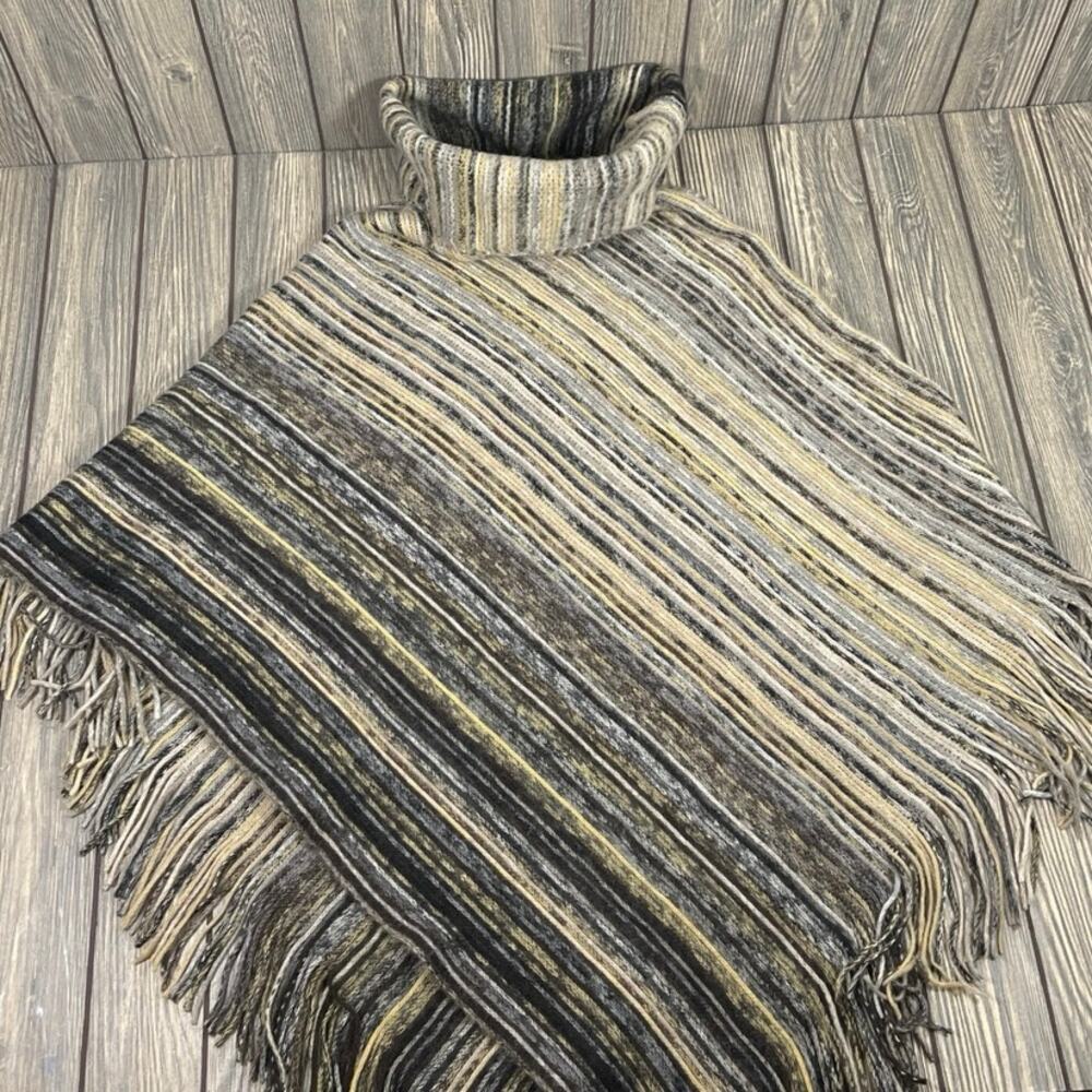Elegant Essence Shawl Cover Up Sweater Poncho Turtle Neck Neutral Stripes Boho